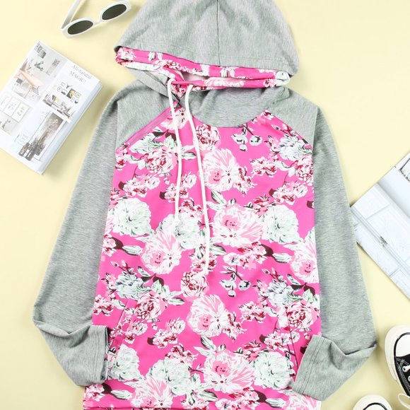 Light Pink Floral Hoodie Plus Size with zipper accent (Pink & Gray) - Picture 3 of 10